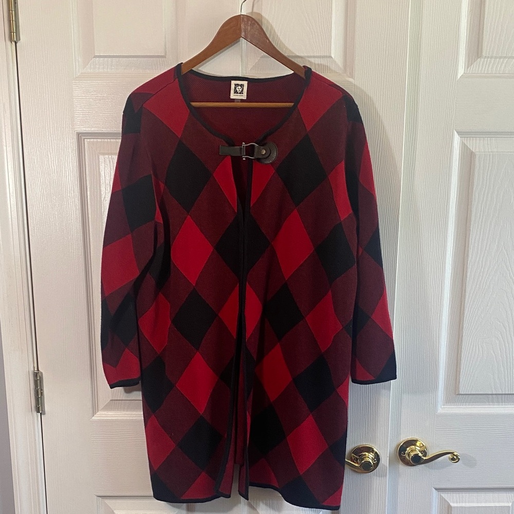 1X Cardigan Anne Klein Red and Black Plaid Knit Cardigan with Buckle Accent